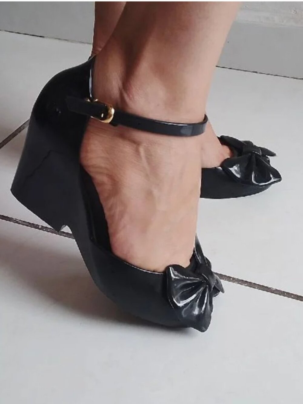 Melissa Lady Love III Heels Wedges Shoes Bow Peep Toe PVC Shiny Black Size 6